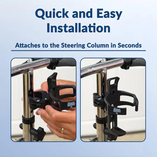 KneeRover Universal Cupholder with text 'Quick and Easy Installation' on a blue background