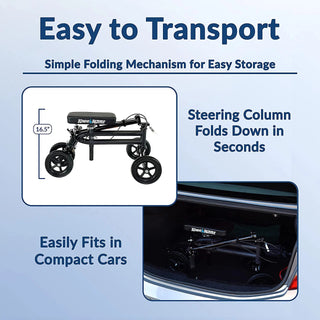 Knee_Rover_Economy_Knee_Scooterwith folding mechanism and storage information on a blue background