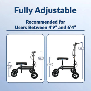 Knee_Rover_Economy_Knee_Scooter with adjustable dimensions on a blue background