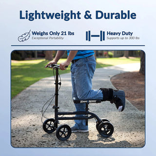 Person using a Knee_Rover_Economy_Knee_Scooter on a sidewalk with text highlighting weight and durability.