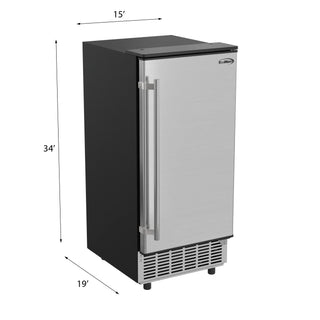 KoolMore BIM75-BS Stainless-Steel Built-In/Free-Standing Ice Maker with dimensions labeled on a white background