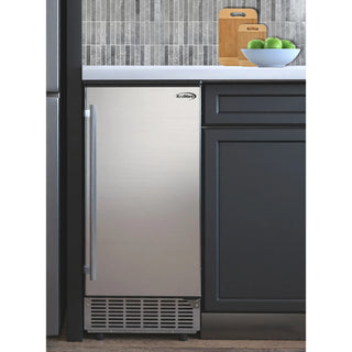 KoolMore BIM75-BS Stainless-Steel Built-In/Free-Standing Ice Maker in a kitchen setting with a bowl of apples on a counter.