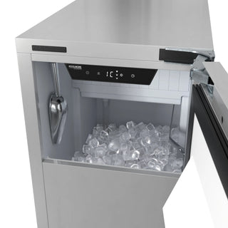KoolMore KM-BIM57-PR Residential Panel Ready Ice Maker with open door revealing ice cubes on a white background