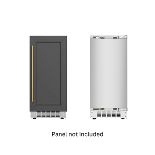Two KoolMore KM-BIM57-PR Residential Panel Ready Ice Maker, one with a dark panel and the other with a stainless steel finish, on a white background.
