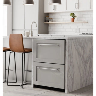 Modern kitchen with marble island and KoolMore KM-BIR1D1F-PR Panel Ready Two-Drawer Refrigerator and Freezer