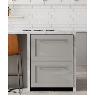 Modern kitchen with KoolMore KM-BIR1D1F-PR Panel Ready Two-Drawer Refrigerator and Freezer and white tiled wall
