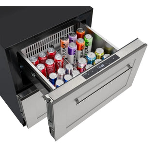 KoolMore KM-BIR1D1F-PR Panel Ready Two-Drawer Refrigerator and Freezer with a drawer full of colorful drinks on a white background