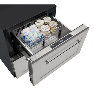 KoolMore KM-BIR1D1F-PR Panel Ready Two-Drawer Refrigerator and Freezer with a drawer full of milk and yoghurt on a white background
