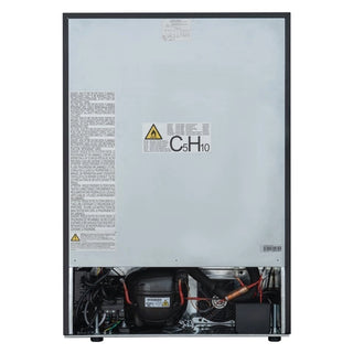 Back view of a KoolMore KM-BIR1D1F-PR Panel Ready Two-Drawer Refrigerator and Freezer with visible components and warning labels on a white background