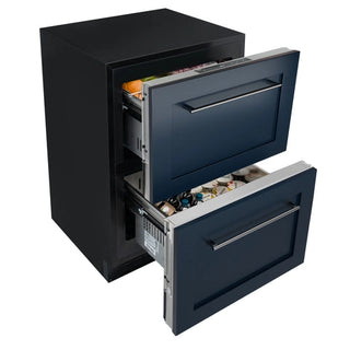 KoolMore KM-BIR2D-PR Panel Ready Drawer Refrigerator with two open drawers filled with food on a white background