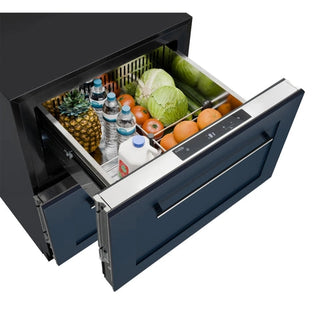 Open KoolMore KM-BIR2D-PR Panel Ready Drawer Refrigerator drawer with fruits, vegetables, and bottles on a white background