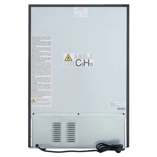 Back panel of a KoolMore KM-BIR2D-PR Panel Ready Drawer Refrigerator with warning labels and symbols on a white background