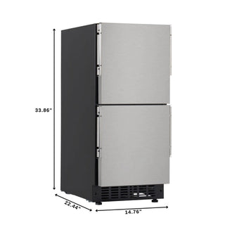 Stainless steel KoolMore KM-BIR2D15-PR Panel Ready Built-in Double Refrigerator with dimensions labeled on a white background