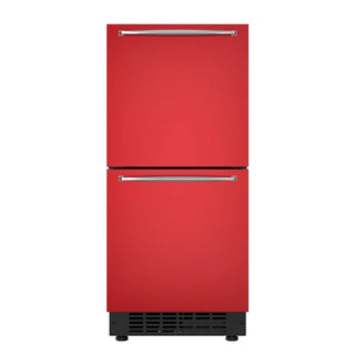 Red KoolMore KM-BIR2D15-PR Panel Ready Built-in Double Refrigerator with two silver handles on a white background