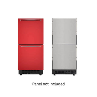 Two KoolMore KM-BIR2D15-PR Panel Ready Built-in Double Refrigerators, one red and one stainless steel, on a white background with 'Panel not included' text.