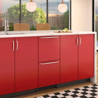Modern kitchen with red cabinets, white countertop, and black and white checkered floor and red KoolMore KM-BIR2D15-PR Panel Ready Built-in Double Refrigerator.