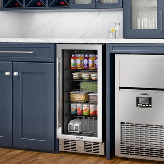 Undercounter KoolMore KM-BIR3C-GD Built-In Refrigerator and Beverage Cooler with drinks in a kitchen setting