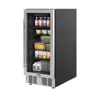 KoolMore KM-BIR3C-GD Built-In Refrigerator and Beverage Cooler with various drinks and snacks on a white background