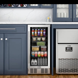 Undercounter KoolMore KM-BIR3C-GD Built-In Refrigerator and Beverage Cooler with drinks and food items in a kitchen setting