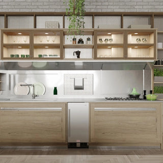 Modern kitchen with wooden cabinets, stainless steel KoolMore KM-BIR3C-SS Built-In Refrigerator and Beverage Cooler, and a tiled backsplash.