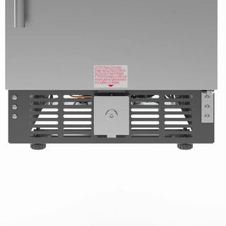 Back view of a KoolMore KM-BIR3C-SS Built-In Refrigerator and Beverage Cooler with a metal grille and warning label on a white background