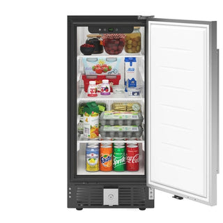 Open KoolMore KM-BIR3C-SS Built-In Refrigerator and Beverage Cooler with various food items and drinks on a white background