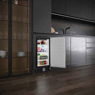 Modern kitchen with a KoolMore KM-BIR3C-SS Built-In Refrigerator and Beverage Cooler displaying drinks.