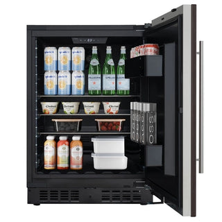 KoolMore KM-BIR5C-PR Panel Ready Compact Refrigerator with open door displaying various drinks and food items.