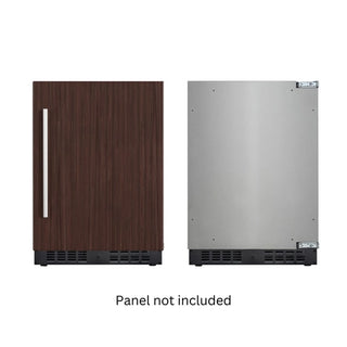 Two KoolMore KM-BIR5C-PR Panel Ready Compact Refrigerator panels, one wooden and one stainless steel, on a white background.