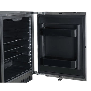 KoolMore KM-BIR5C-PR Panel Ready Compact Refrigerator with open door showing interior shelves on a white background