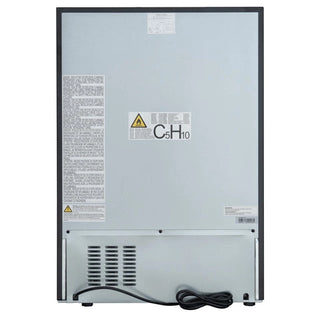Back view of a KoolMore KM-BIR5C-PR Panel Ready Compact Refrigerator with text and labels on a white background