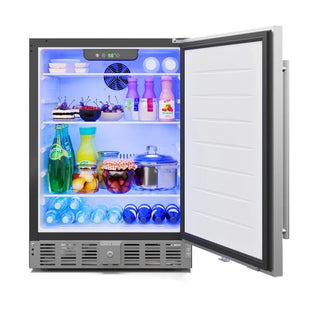 KoolMore KM-BIR5C-SS Built-In Refrigerator and Beverage Cooler with open door shows drinks on a white background.