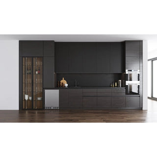Modern kitchen with dark wood cabinets and KoolMore KM-BIR5C-SS Built-In Refrigerator and Beverage Cooler.