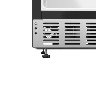 Close-up of a metal vent and adjustable foot for KoolMore KM-BIR5C-SS Built-In Refrigerator and Beverage Cooler on a white background