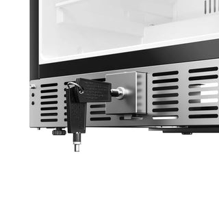 Close-up of a KoolMore KM-BIR5C-SS Built-In Refrigerator and Beverage Cooler with a lock, key and vent on a white background