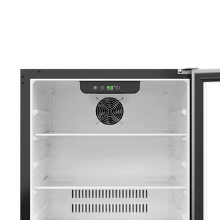 Inside view of a KoolMore KM-BIR5C-SS Built-In Refrigerator and Beverage Cooler with digital display and shelves.