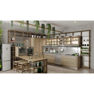 Modern kitchen with wooden cabinets, KoolMore KM-BIR5C-SS Built-In Refrigerator and Beverage Cooler, and decor.