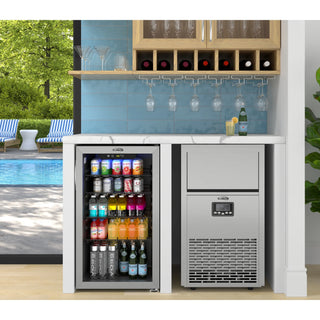 Indoor bar setup with a KoolMore KM-CIM100-CRSS Commercial/Residential Crescent Ice Maker.