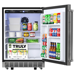 Open KoolMore KM-OKS-OFRC-58SS Outdoor Kitchen Stainless Steel Refrigerator displaying various drinks and food items on white background