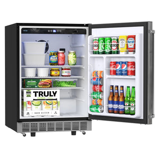 Open KoolMore KM-OKS-OFRC-58SS Outdoor Kitchen Stainless Steel Refrigerator displaying various drinks and products on a white background