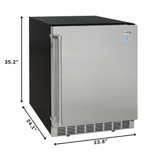 Stainless steel KoolMore KM-OKS-OFRC-58SS Outdoor Kitchen Stainless Steel Refrigerator with dimensions labeled on a white background