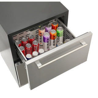 KoolMore KM-OKS-RD2 Built-in Two-Drawer Outdoor Refrigerator with assorted drinks including Coca-Cola and Bubala on a white background