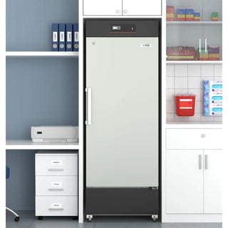 KoolMore KM-PHF-10C Medical Freezer in an office setting with shelves and office supplies.