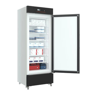 KoolMore KM-PHF-10C Medical Freezer with open door displaying various items on a white background