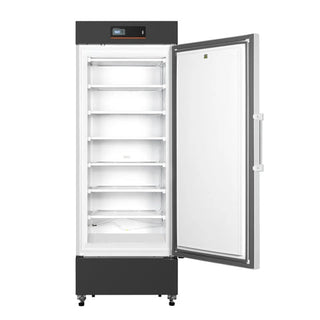 KoolMore KM-PHF-10C Medical Freezer with open door on a white background