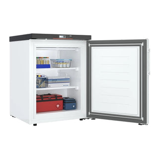 White KoolMore KM-PHF-4C Medical Freezer For Pharmacy/Laboratory with open door displaying various items on a white background