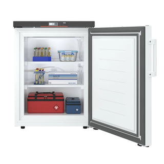 KoolMore KM-PHF-4C Medical Freezer For Pharmacy/Laboratory with open door displaying medical supplies on a white background