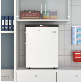White KoolMore KM-PHF-4C Medical Freezer For Pharmacy/Laboratory in a room with shelves containing medical supplies.