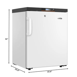 White KoolMore KM-PHF-4C Medical Freezer For Pharmacy/Laboratory with dimensions displayed on a white background