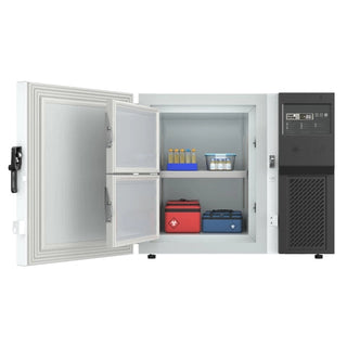 White KoolMore KM-PHF-4CUL Ultra Low Temp Stackable Medical Freezer with open doors showing various items on a white background